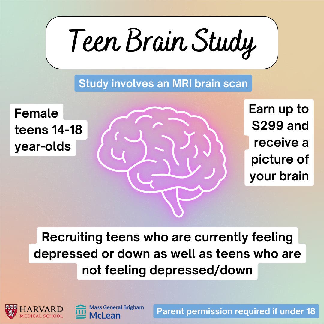 McLean Hospital Study on Stress and the Teen Brain.  Earn up to $299!