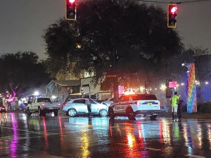 An SUV driver ran a red light, hit a fire truck, then hit a parked car, causing two other parked cars to be rear-ended, Saturday night, St. Pete police said.