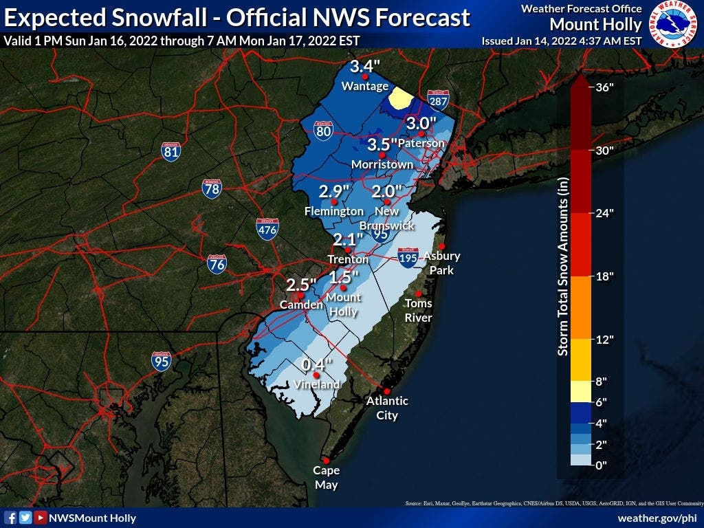 Another round of snow is expected to hit New Jersey this weekend, with coastal flooding and strong wind gusts in the latest forecast.