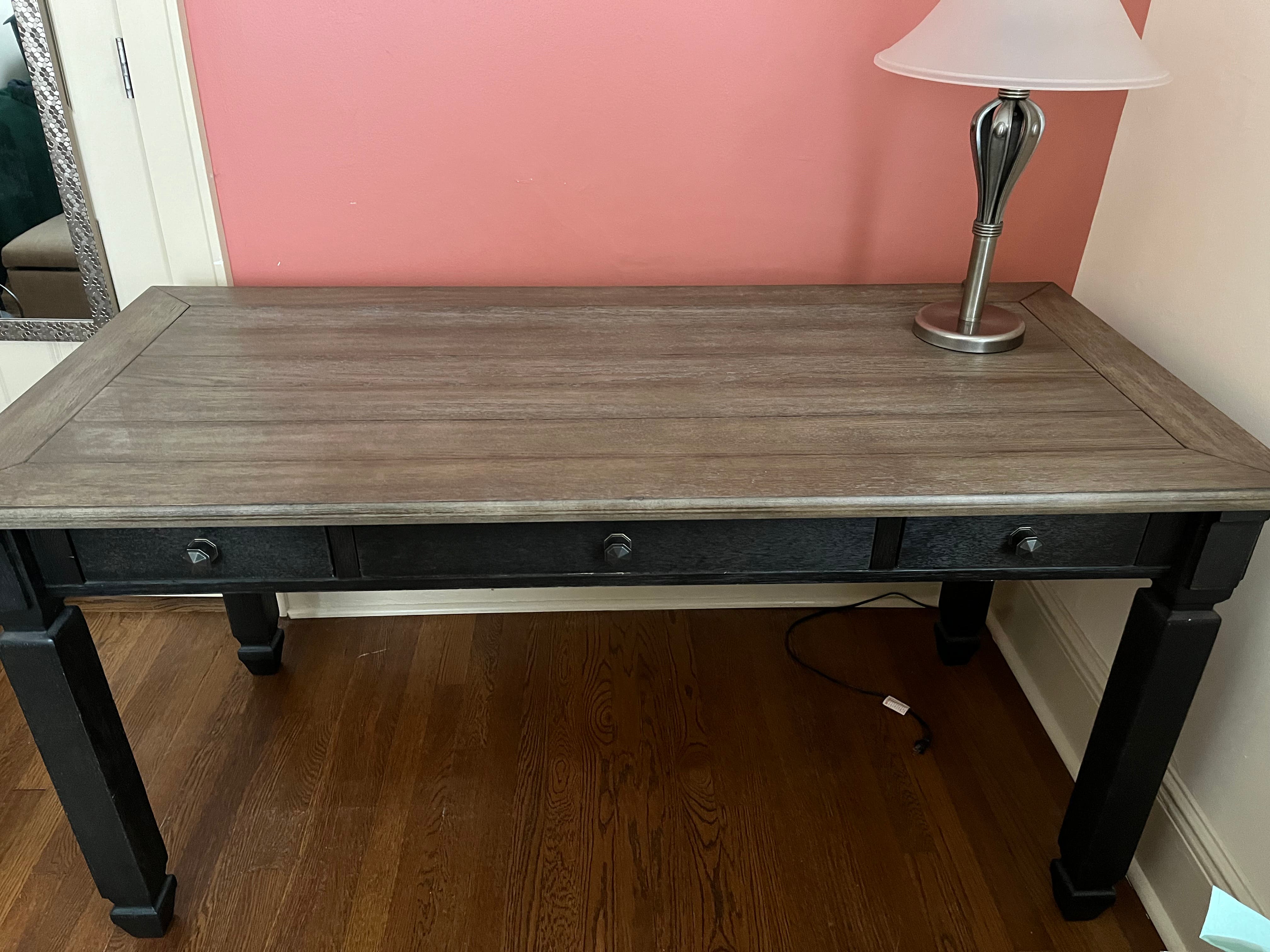 Beautiful desk with matching bookcase, chair, lamp and heavy protective plastic cover for desk top. 