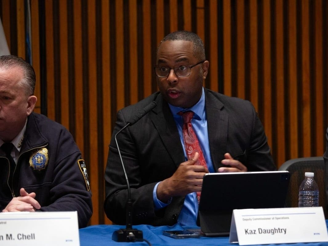 NYPD Deputy Commissioner of Operations Kaz Daughtry speaks at One Police Plaza about the arrests of students occupying Columbia University’s Hamilton Hall, May 1, 2024. 