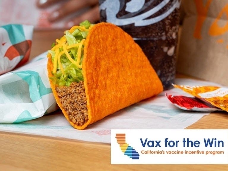 Taco Bell will offer a free seasoned beef Nacho Cheese Doritos Locos Tacos to customers who show their COVID-19 vaccination card at participating California Taco Bell locations on June 15 as part of the Vax for the Win incentive program.