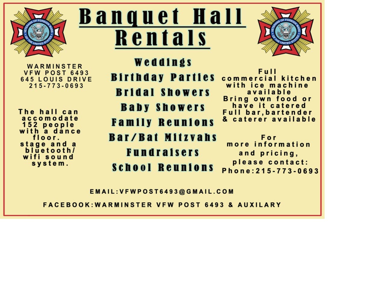 Warminster VFW Post 6493 Banquet Hall Rentals