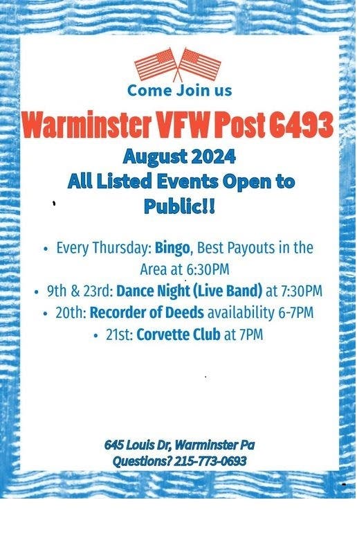 Warminster VFW - Events Open to the Public - July 2024