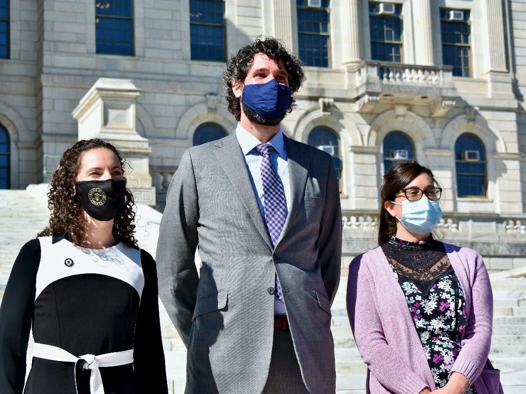 Sen. Bridget Valverde and Rep. Justine Caldwell spoke on the State House steps with Kevin Budris, a staff attorney with the Conservation Law Foundation. 