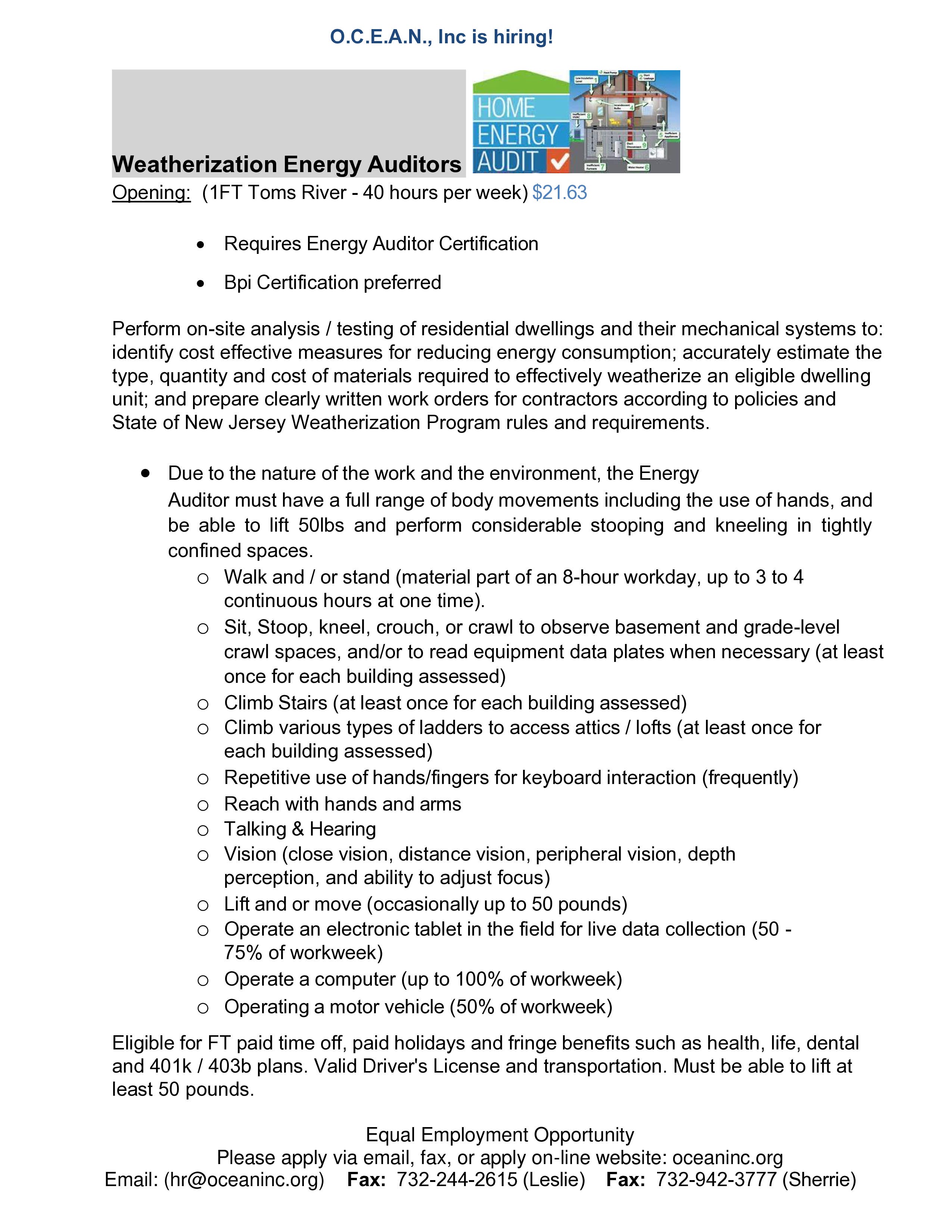 O.C.E.A.N., Inc is hiring!   Weatherization Energy Auditors