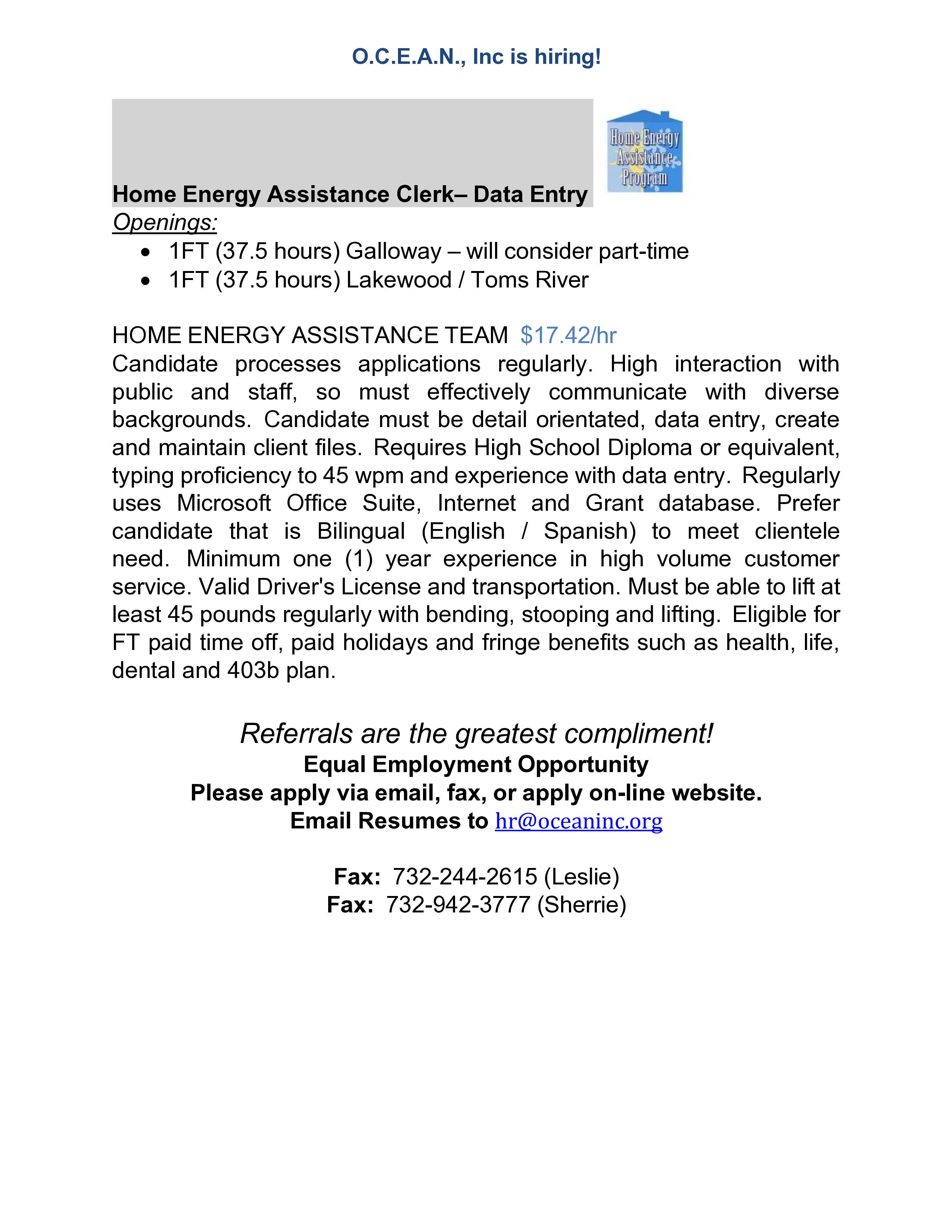 O.C.E.A.N., Inc is hiring!   Home Energy Assistance Clerk– Data Entry