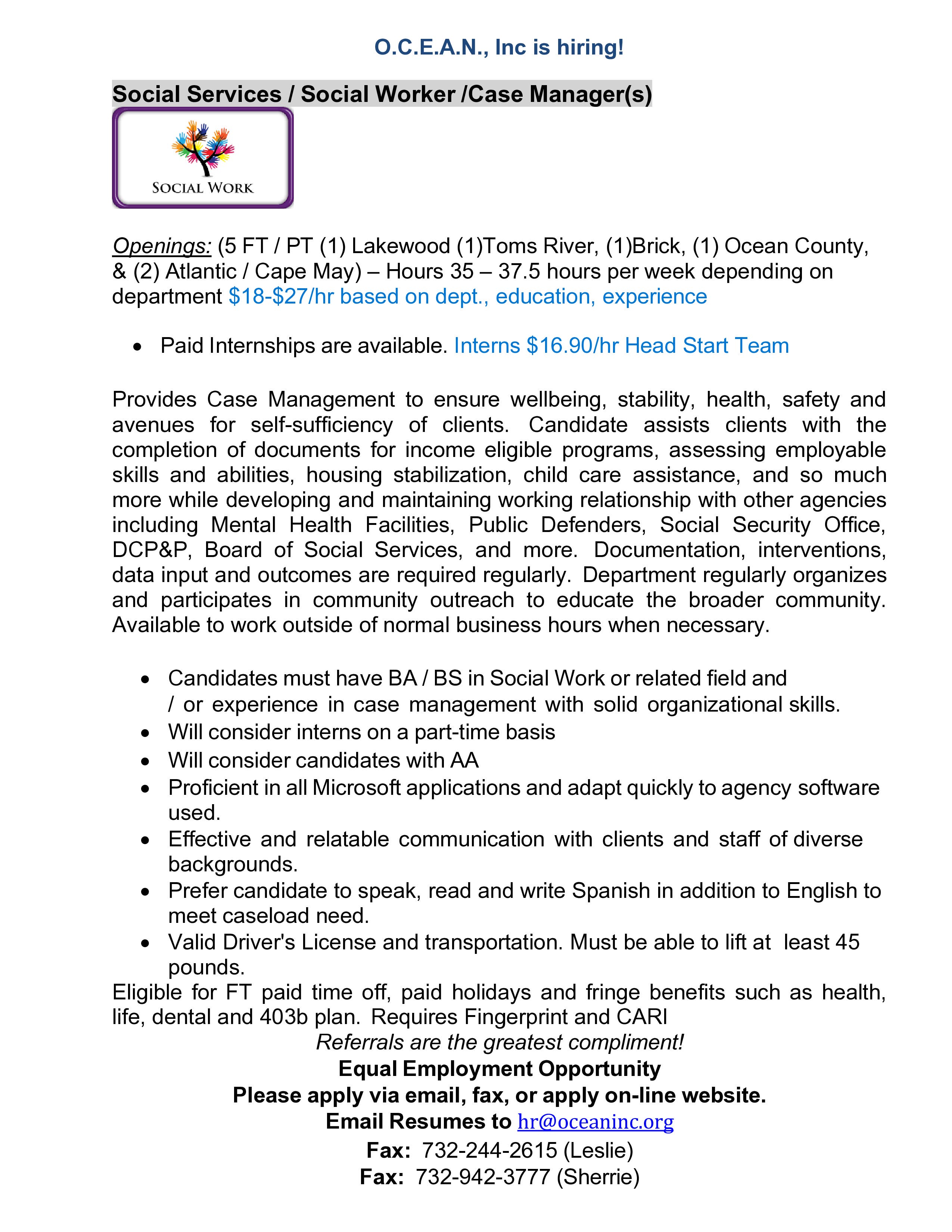  O.C.E.A.N., Inc is hiring!   Social Services / Social Worker /Case Manager(s)