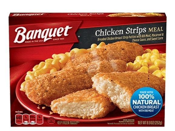 Approximately 245,000 pounds of Banquet frozen chicken strips entrées sold nationwide and online have been recalled because they may contain plastic, officials said.