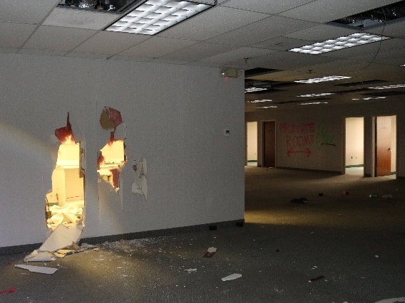 This image from June of 2022 shows damage in a vacant commercial building, which police say was caused by crowd of people there for an unsanctioned pop-up party. Close to 50 revelers were detained at the time, Wayne PD said. 