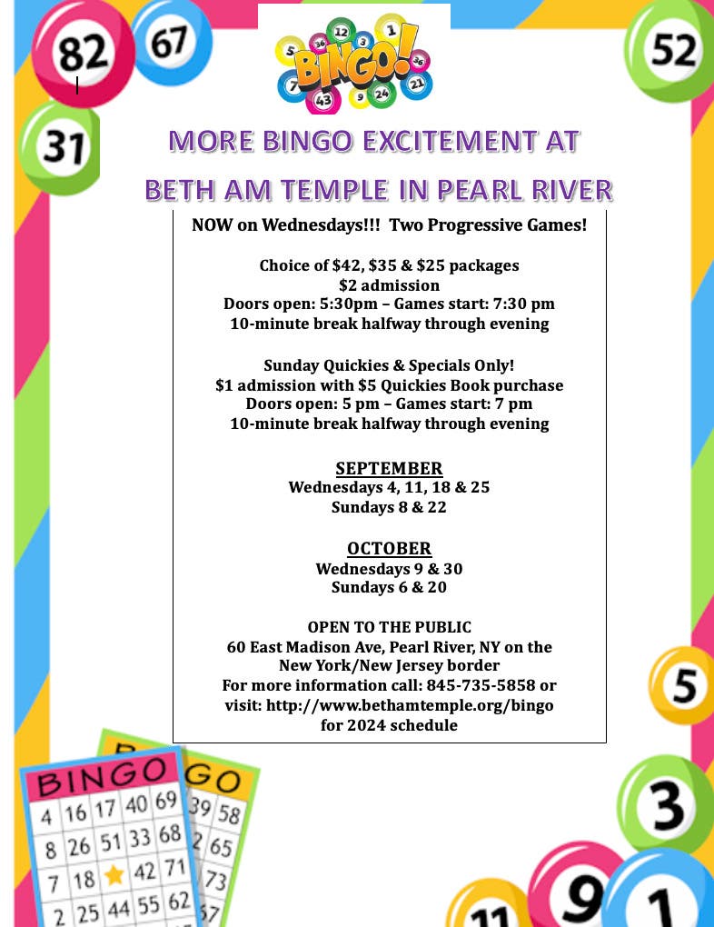 Now A Second Progressive Game Wednesdays At Beth Am Temple Bingo