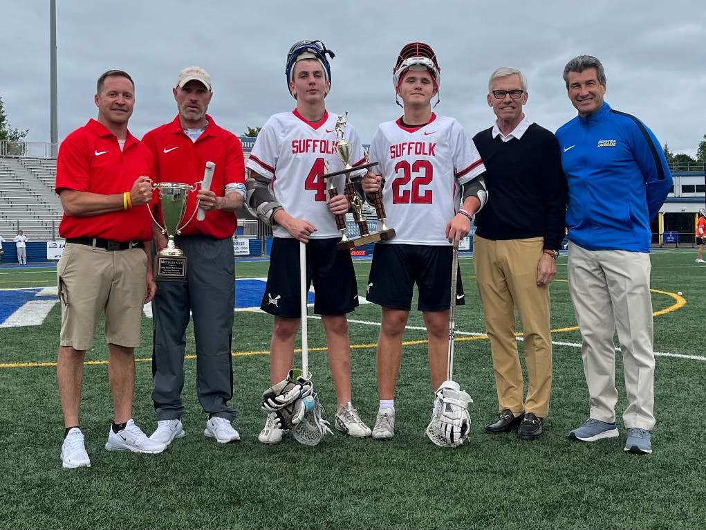 Coaches Paul Benway of Half Hollow Hills High School and Chris Schiefer of Patchougue-Medford High School, Co-MVP’s Jack Cavalieri of Centereach High School and Jackson Thompson of Miller Place High School, James C. Metzger and Vincent J. Sombrotto.
