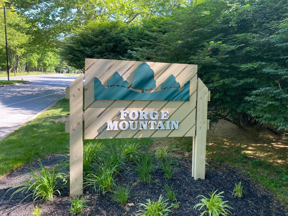 A swastika was found on April 20 on this sign at Forge Mountain, Chesterbrook.