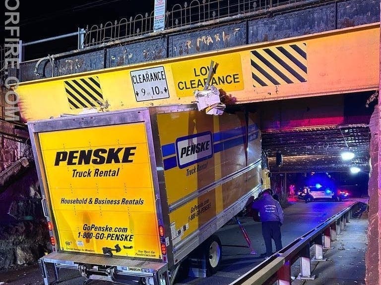 Truck stuck under a bridge Thursday night on Chamounix Road at the Amtrak overpass in Radnor Township.