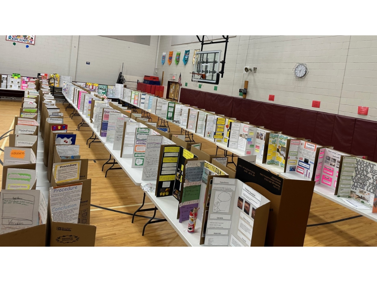 Science projects completed by sixth graders at Robert L. Horbelt Intermediate School fill the gymnasium during the annual science fair. The event encourages students to develop a lifelong love for science. 