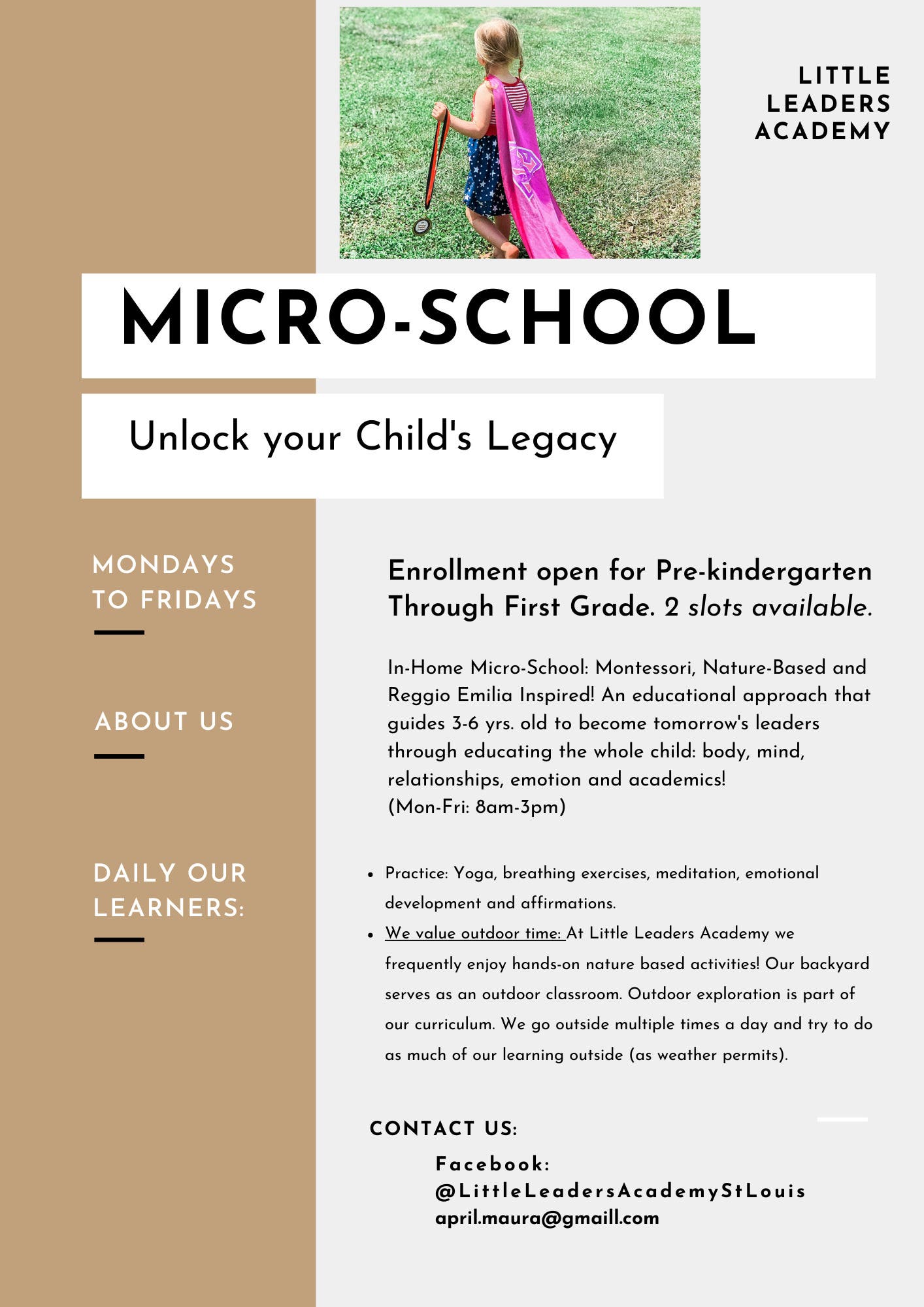 OPEN ENROLLMENT: Nature Based & Montessori Pre-Kindergarten Through First Grade