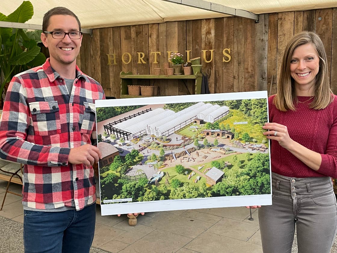 Jon and Ariel Kontz show off plans for the Hortulus Botanical Playground For Kids.