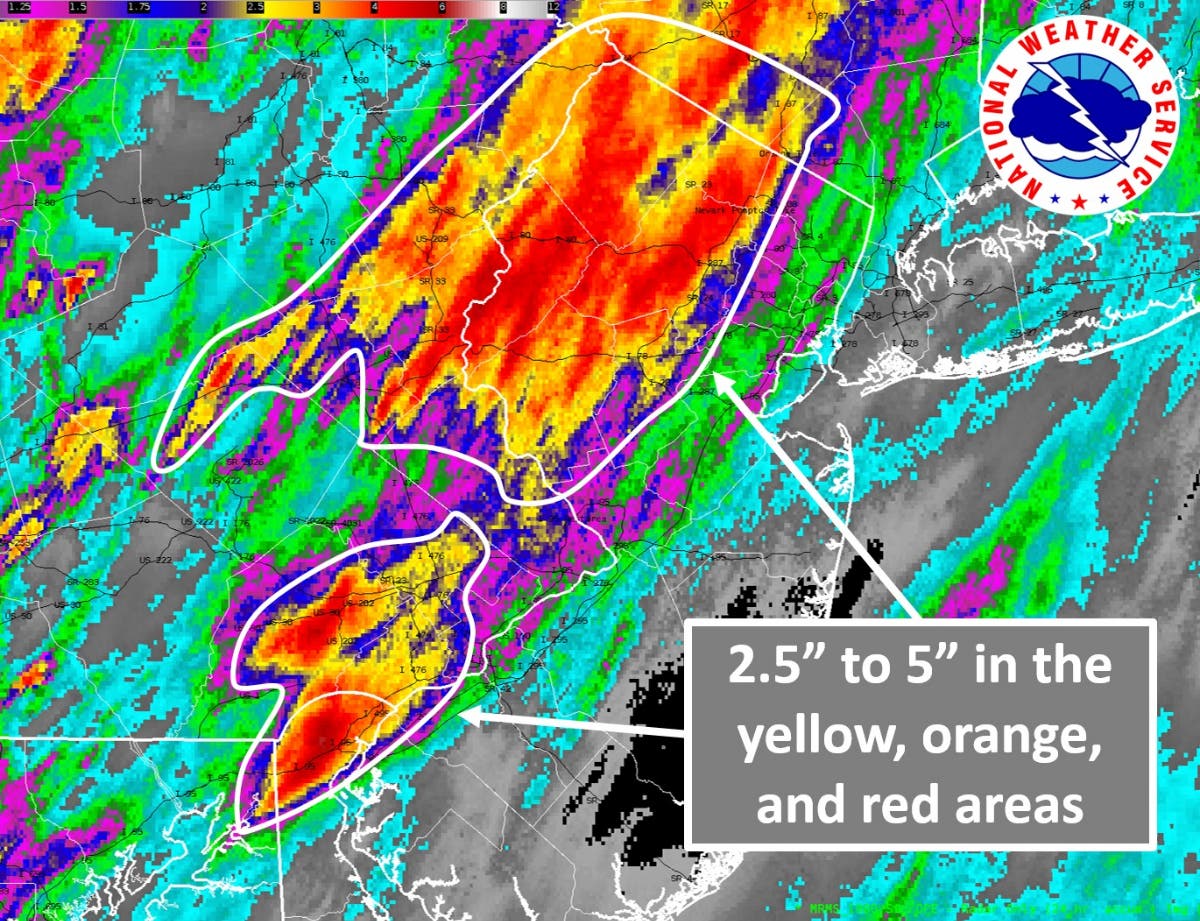 The

National Weather Service is reporting more rain for Tuesday after thunderstorms rolled into Lower Bucks County Monday evening. (National Weather Service )