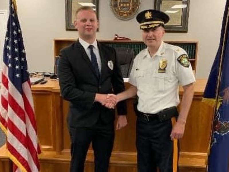 Northampton Township Police Chief Stephen LeCompte welcomes Officer Kyle Bobbs to the force.