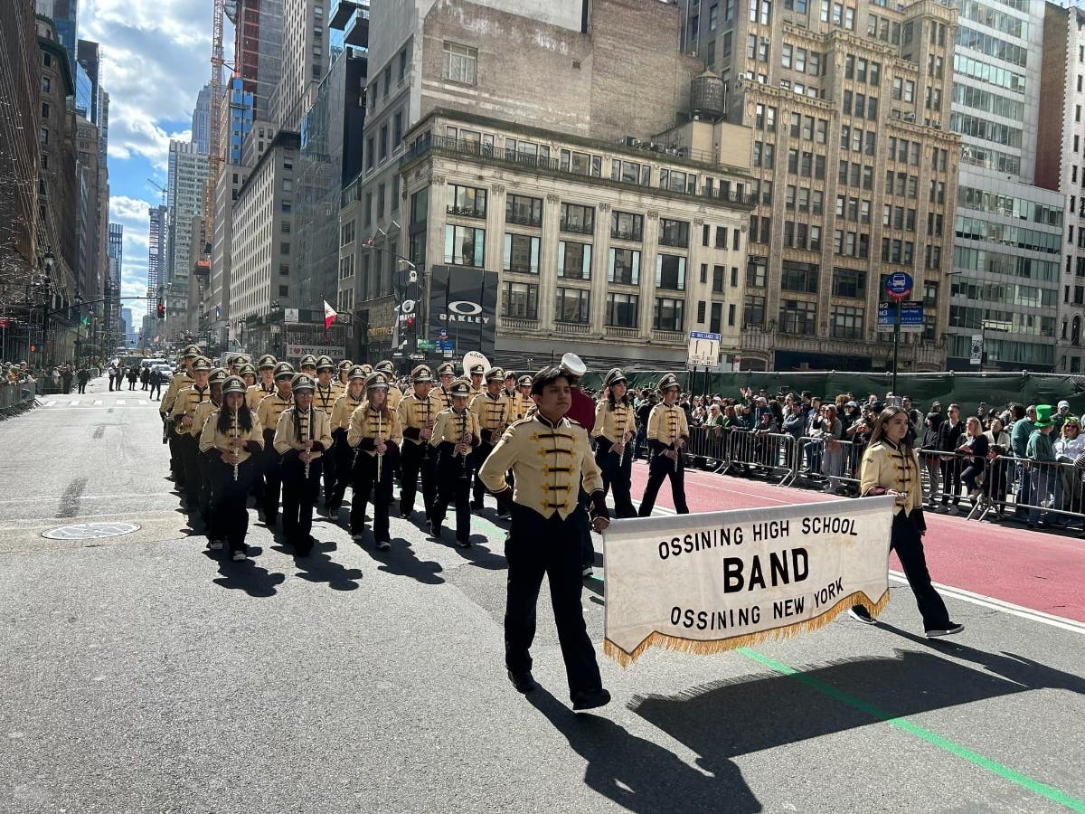 The Ossining High School Marching Band proudly performs at the 2024 St. Patrick’s Day Parade in New York City, showcasing the talent and spirit that earned them a spot in the upcoming Pearl Harbor Memorial Parade this December. 