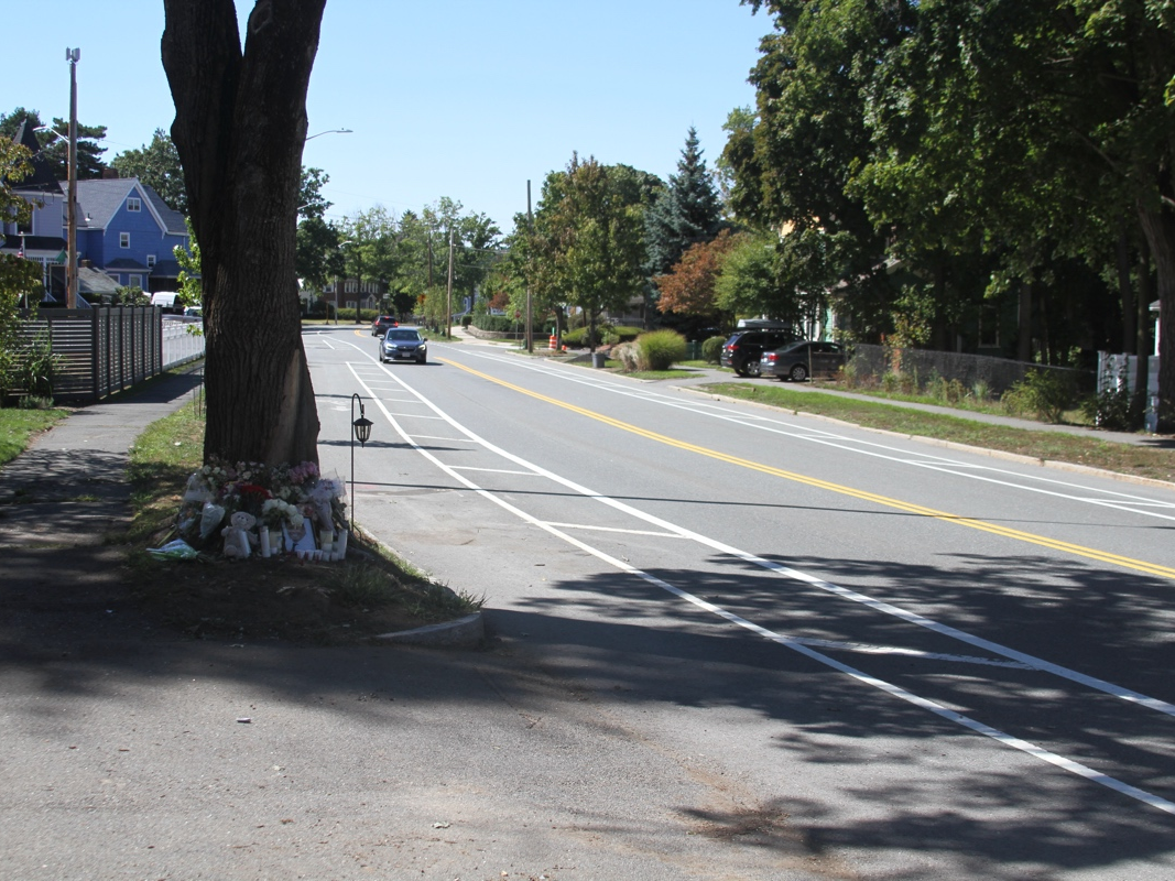 A car passes an impromptu memorial for a man killed in a crash on the Lynn Fells Parkway in Melrose earlier this month.