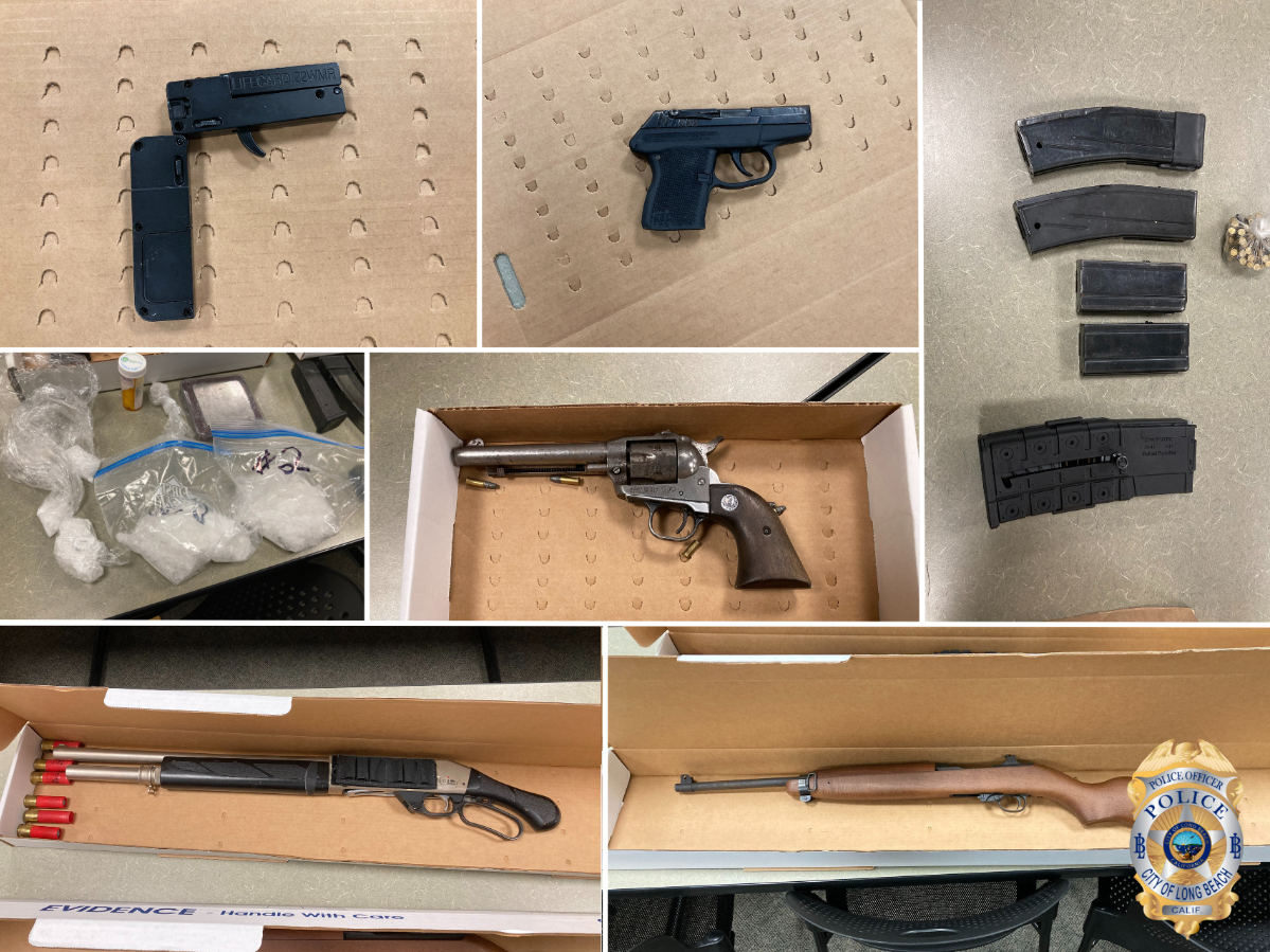 Long Beach police recovered five firearms, narcotics and ammunition during the arrest.