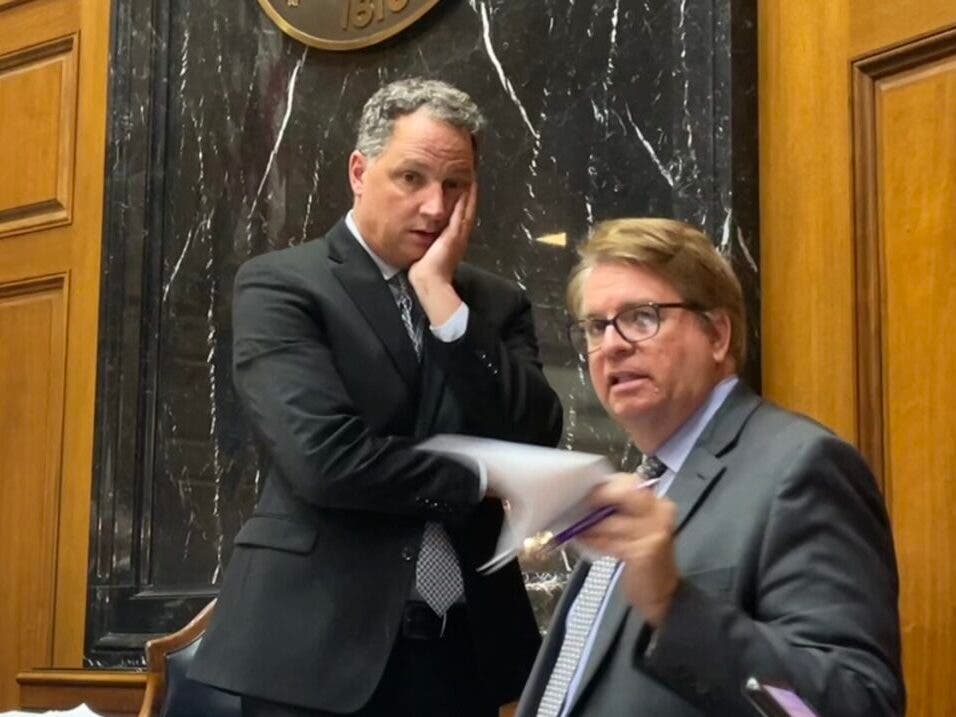 House Speaker Todd Huston and Minority Leader Phil GiaQuinta speak on a roller-coaster last day Thursday, April 27, 2023. 