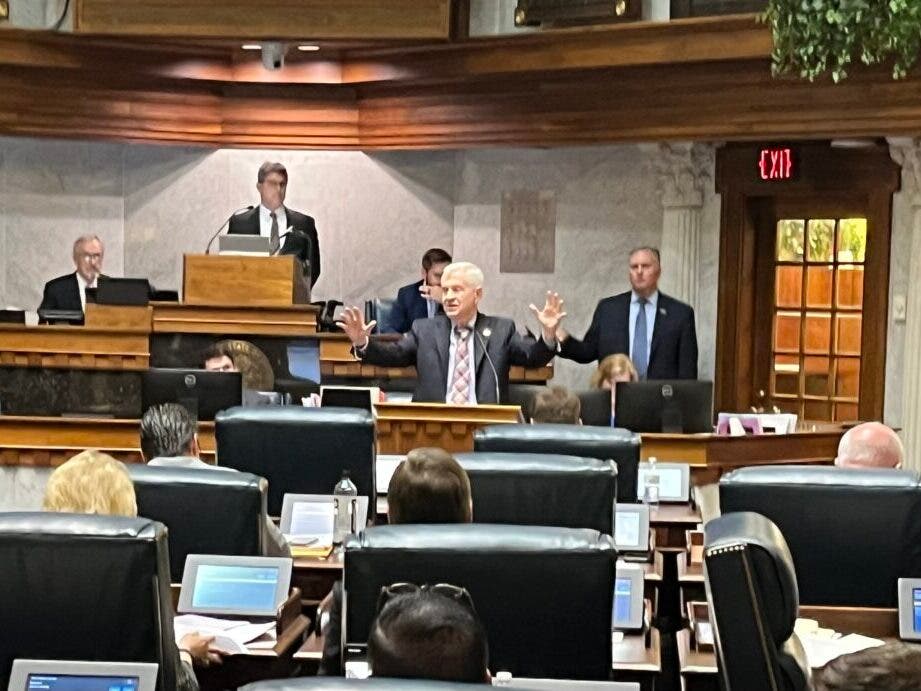 Sen. Ed Charbonneau, R-Valparaiso, passionately defends a health care bill on the last night of the 2023 legislative session. 