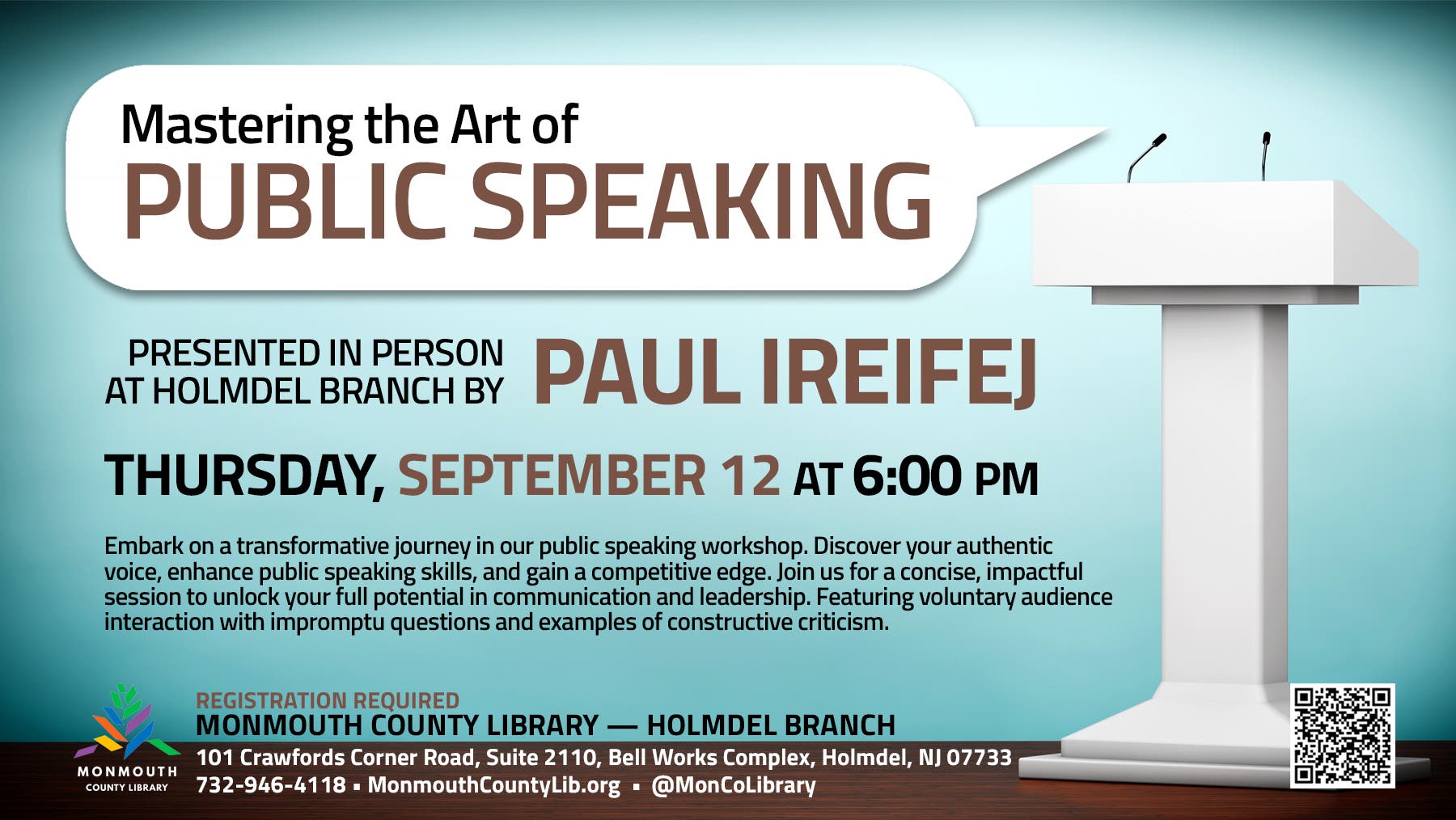 Mastering the Art of Public Speaking; In Person at the Holmdel Library