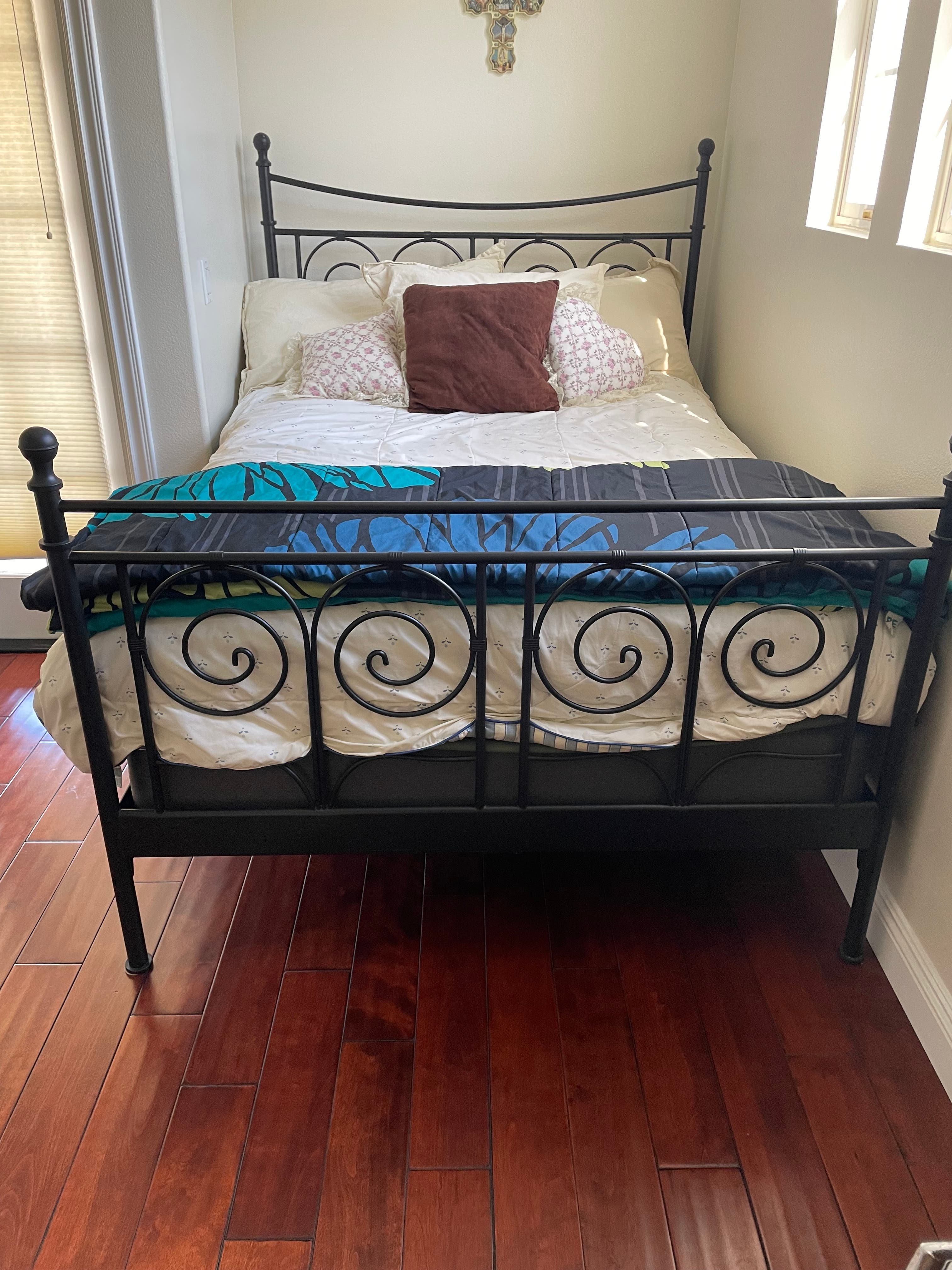 Black metal full size bed with mattress set 