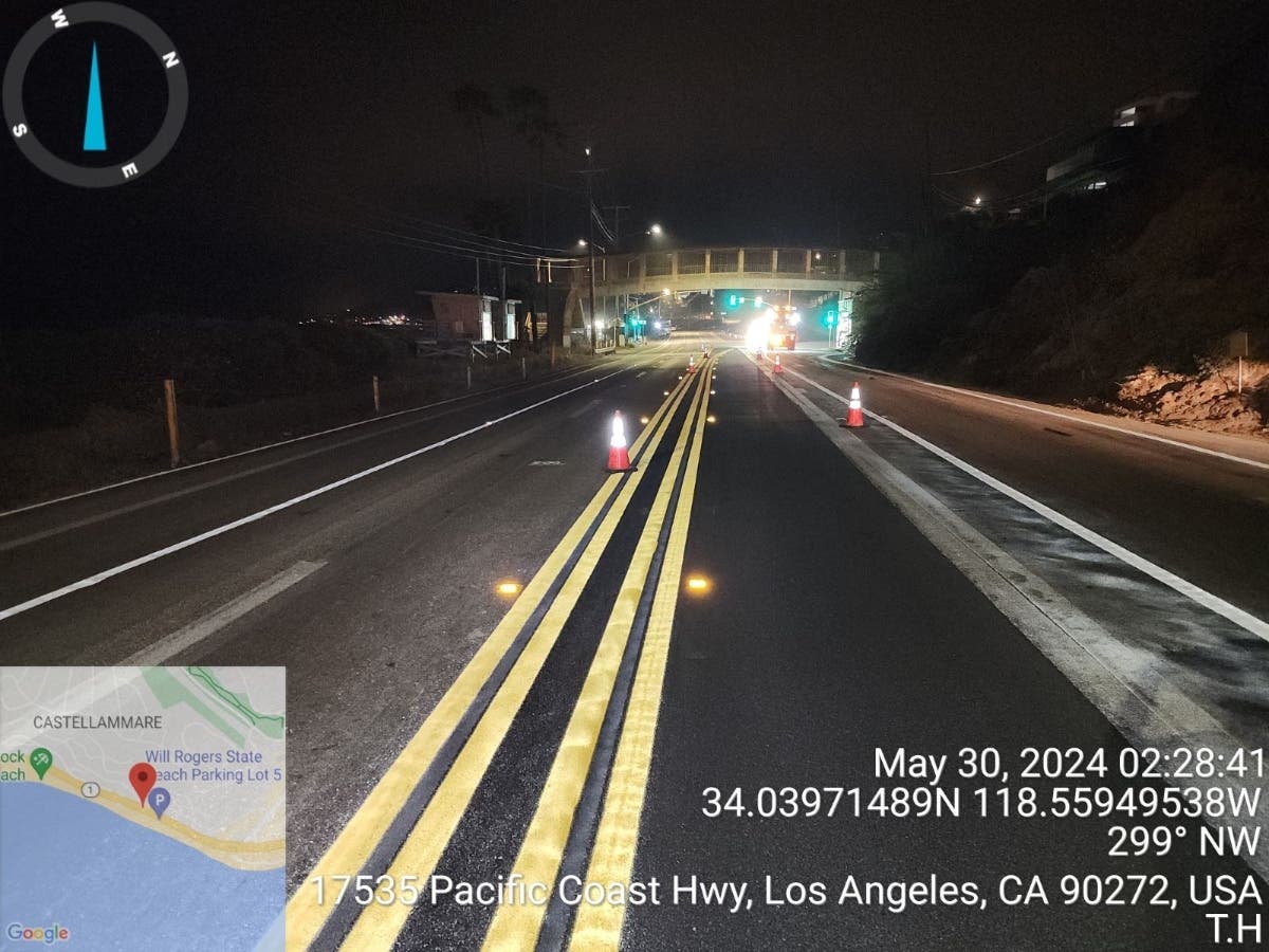 This Caltrans photo shows striping installed early Thursday morning at the Tramonto Slide construction site on Pacific Coast Highway.