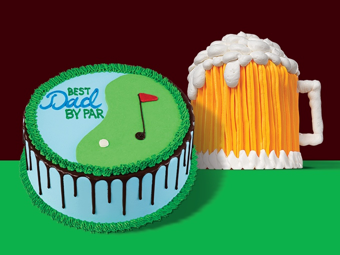 Baskin-Robbins' "Best Dad by Par Cake" is customizable with a choice of cake and ice cream flavor, while "The Cold One Cake" features a chocolate cake with choice of vanilla, chocolate chip, mint chocolate chip or Oreo ice cream, all topped with frosting.