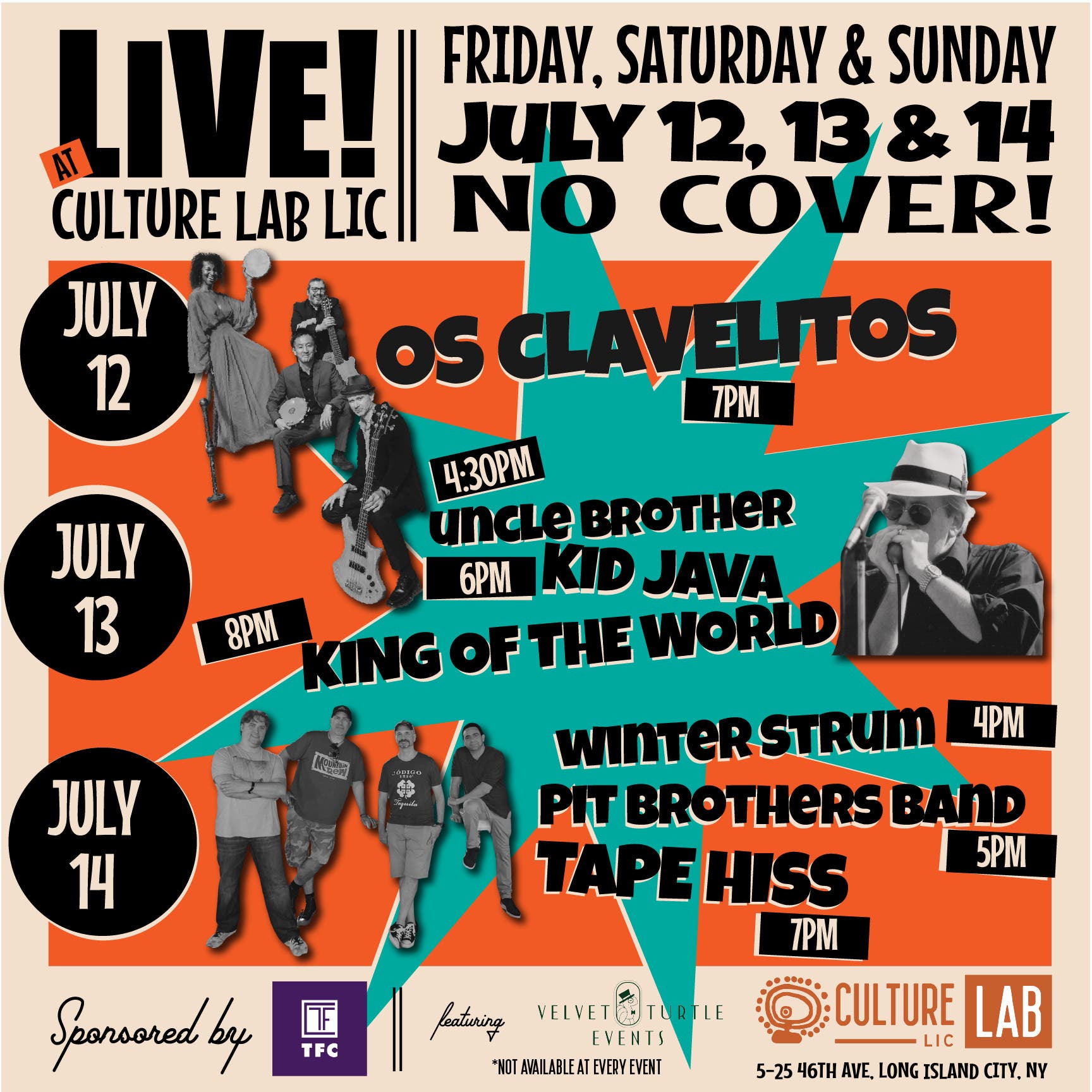 LIVE! at Culture Lab LIC - Winter Strum, Pit Brothers Band, Tape Hiss, July 14, 4pm