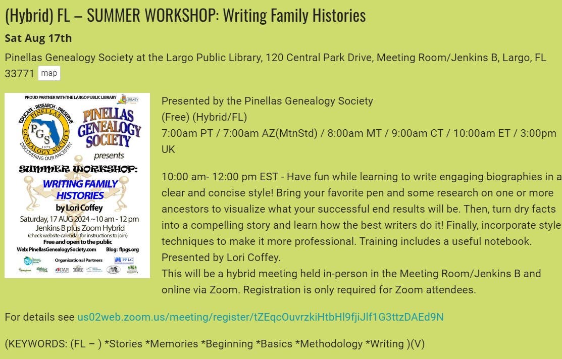 GENEALOGY - SUMMER WORKSHOP:  Writing Family Histories