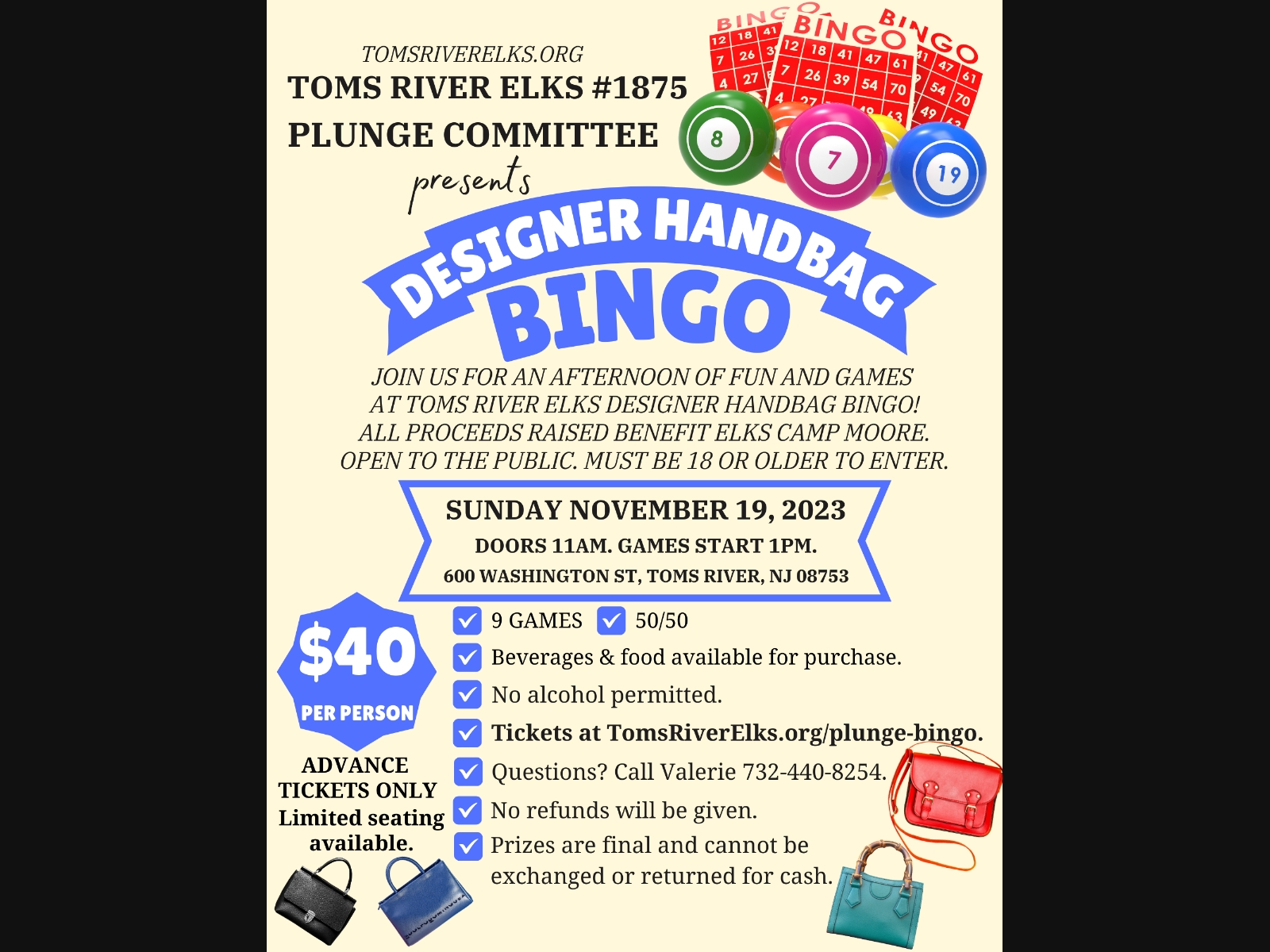 Toms River Elks #1875 Plunge Committee Designer Handbag Bingo