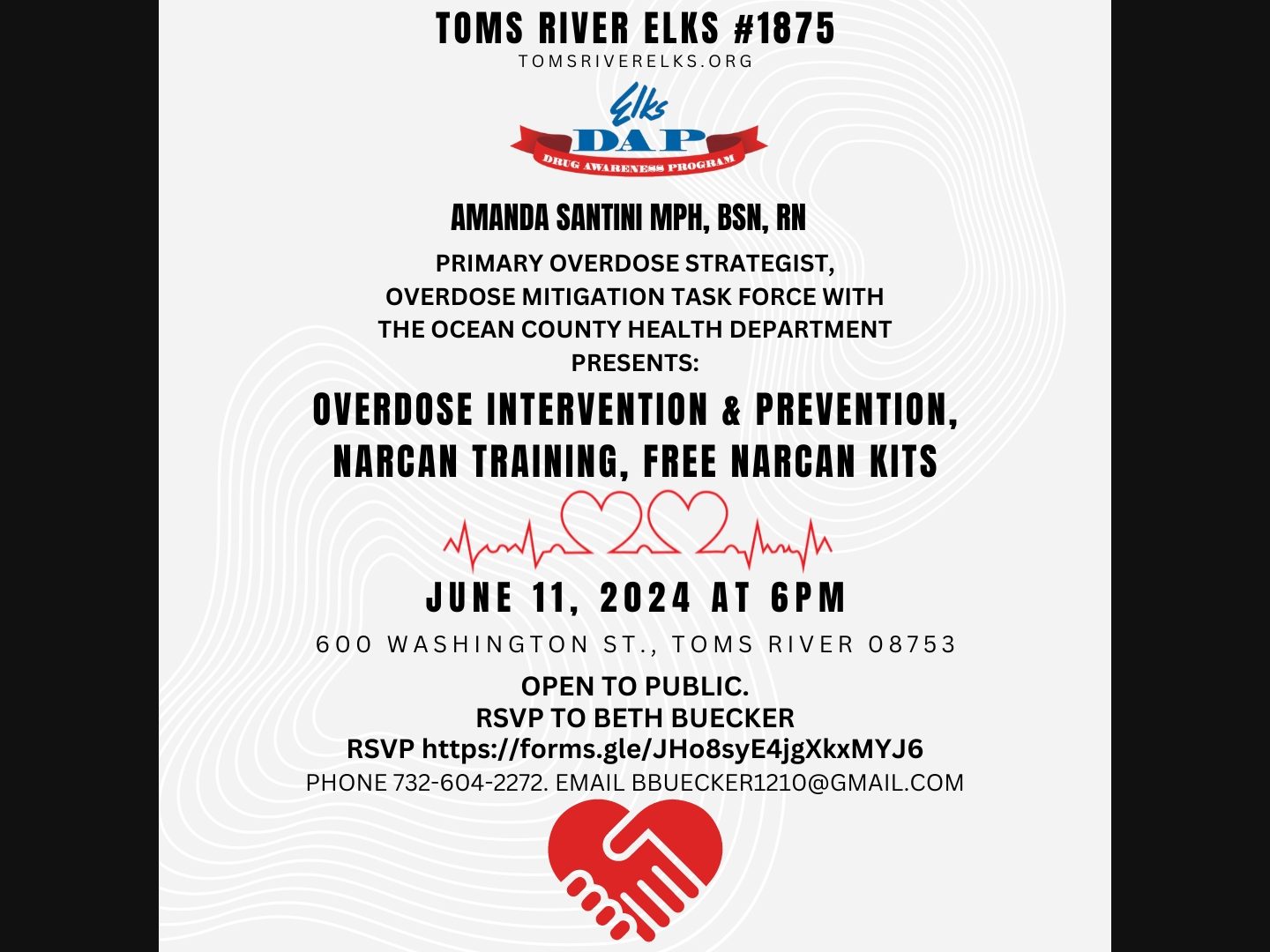 Toms River Elks to host Ocean County Health Dept. Overdose Prevention & Intervention and Narcan Training with free Narcan kits on  June 11.