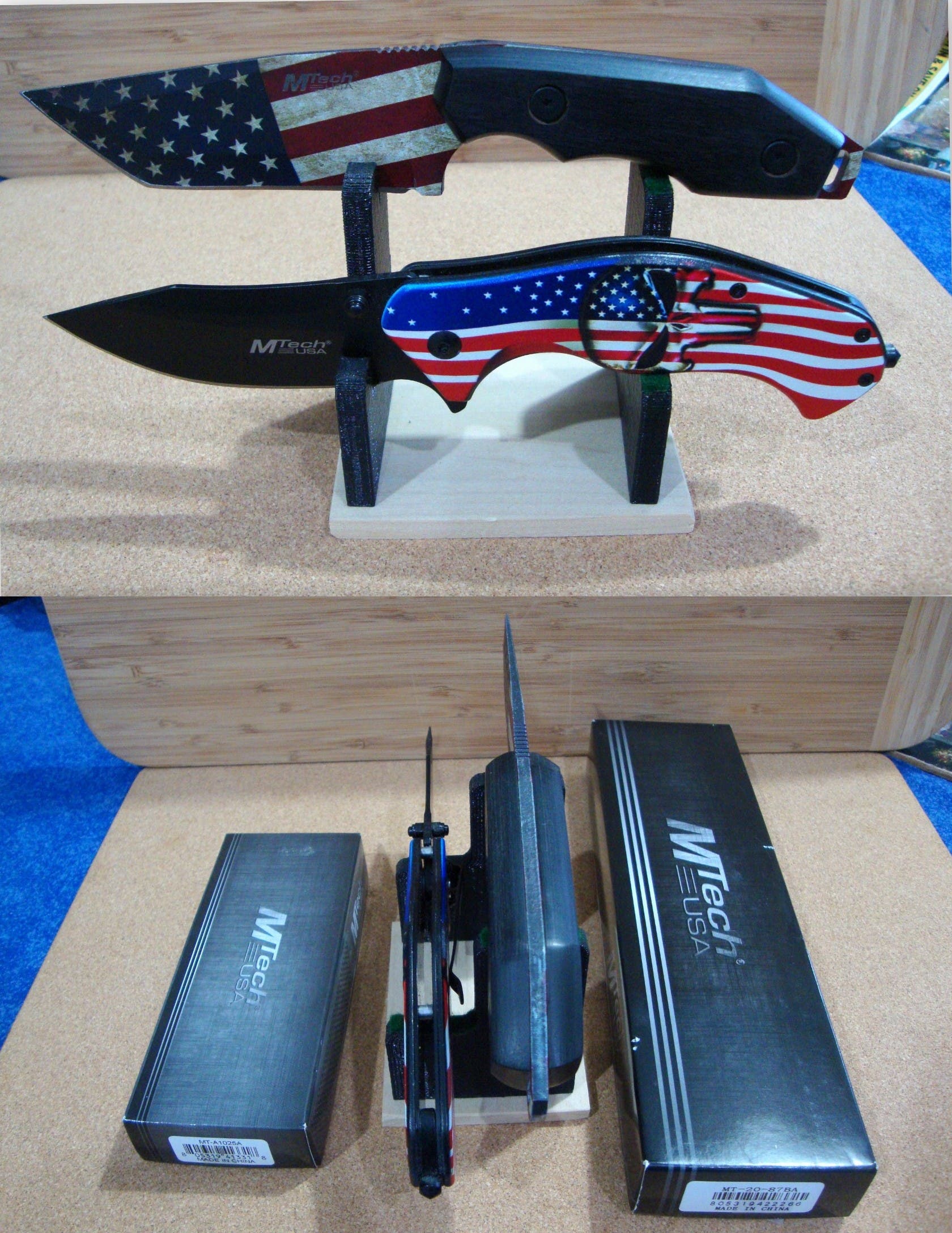 NEW USA Flag Punisher Patriotic Fixed Blade & Folding Knife Set + Stand $17.00