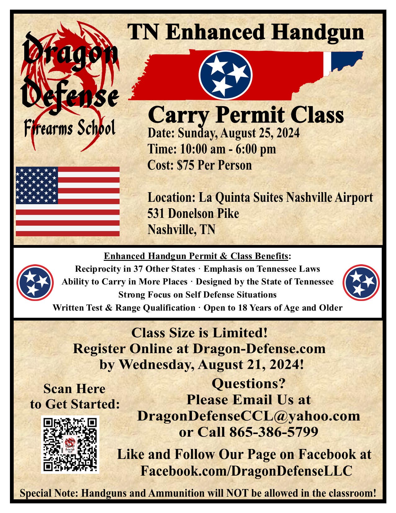 Tennessee Enhanced Handgun Carry Permit Class with Dragon Defense Firearms School