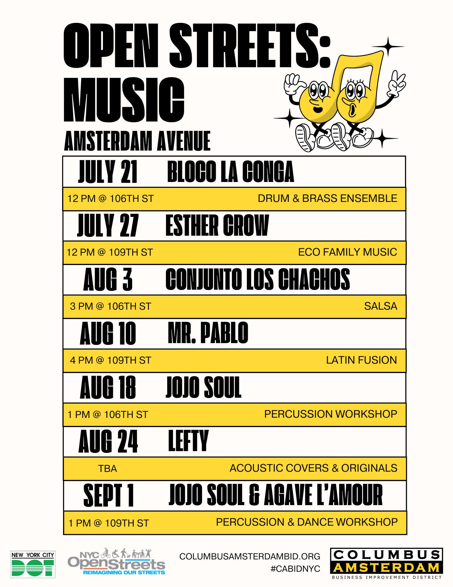 CABID Open Streets Music Schedule July & August