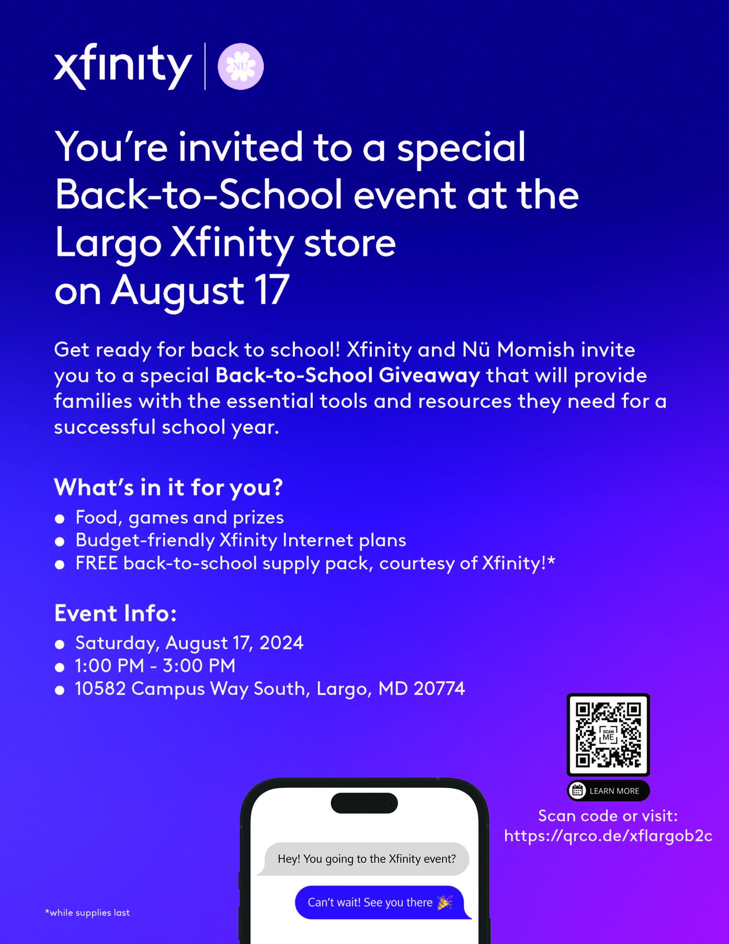 Join Us for a Back-To-School Event at the Largo Xfinity Store-Free Supplies & Kona Ice