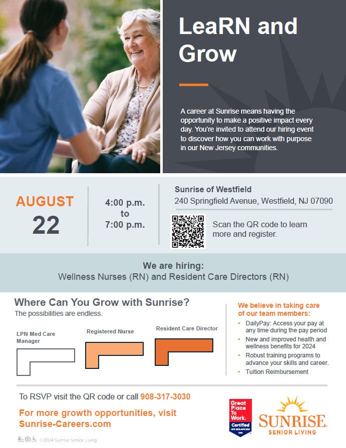 RN Hiring Event on 8/22 @ 4pm - 7pm. LeaRN and Grow @ Sunrise Senior Living. 