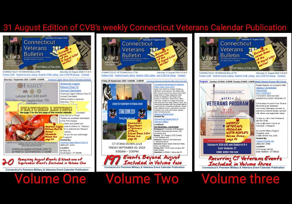 CVB’s Weekly Connecticut Veterans Calendar Publication Saturday 31 August 2024