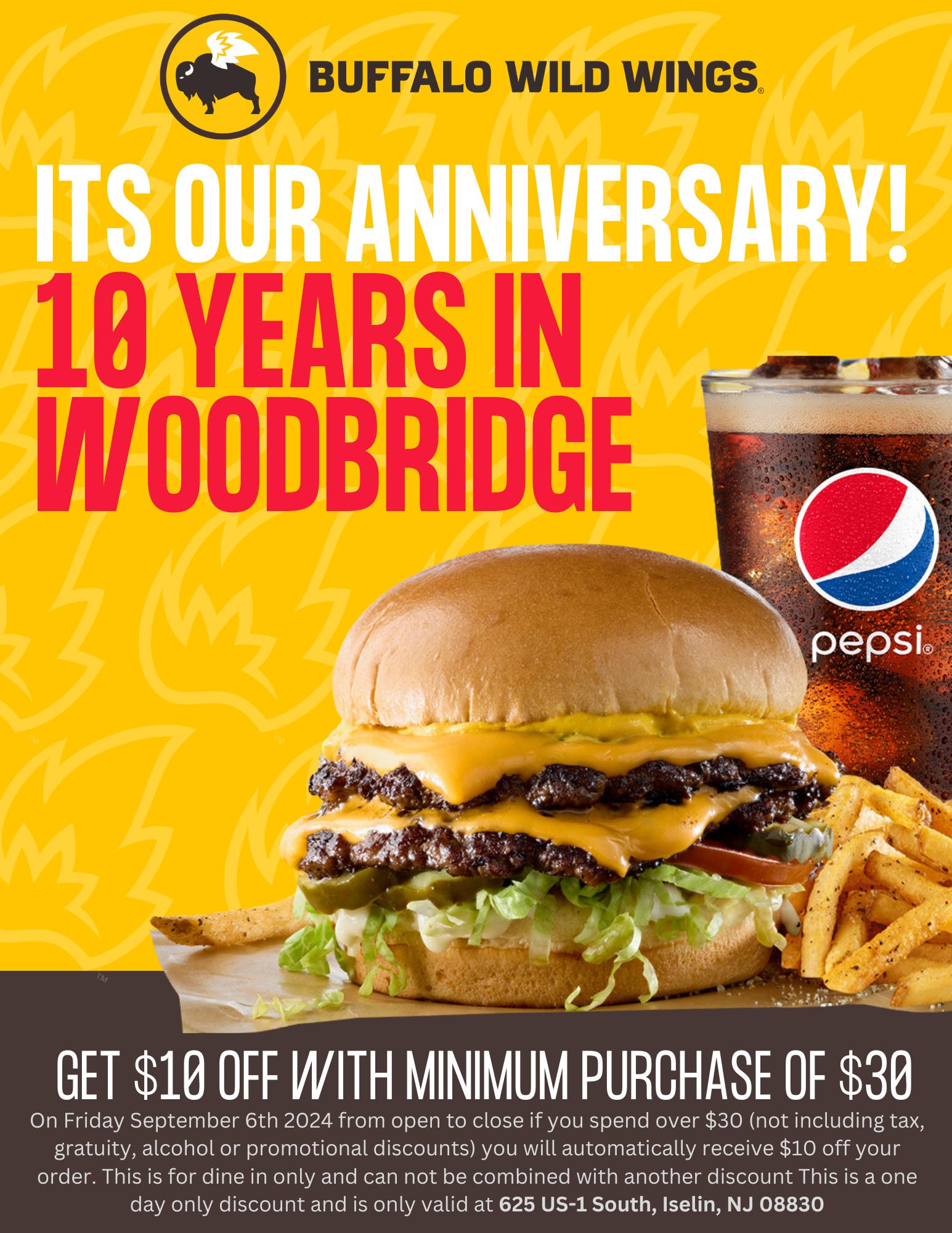 Buffalo Wild Wings---$10 off $30 for 10 year anniversary in Woodbridge NJ!