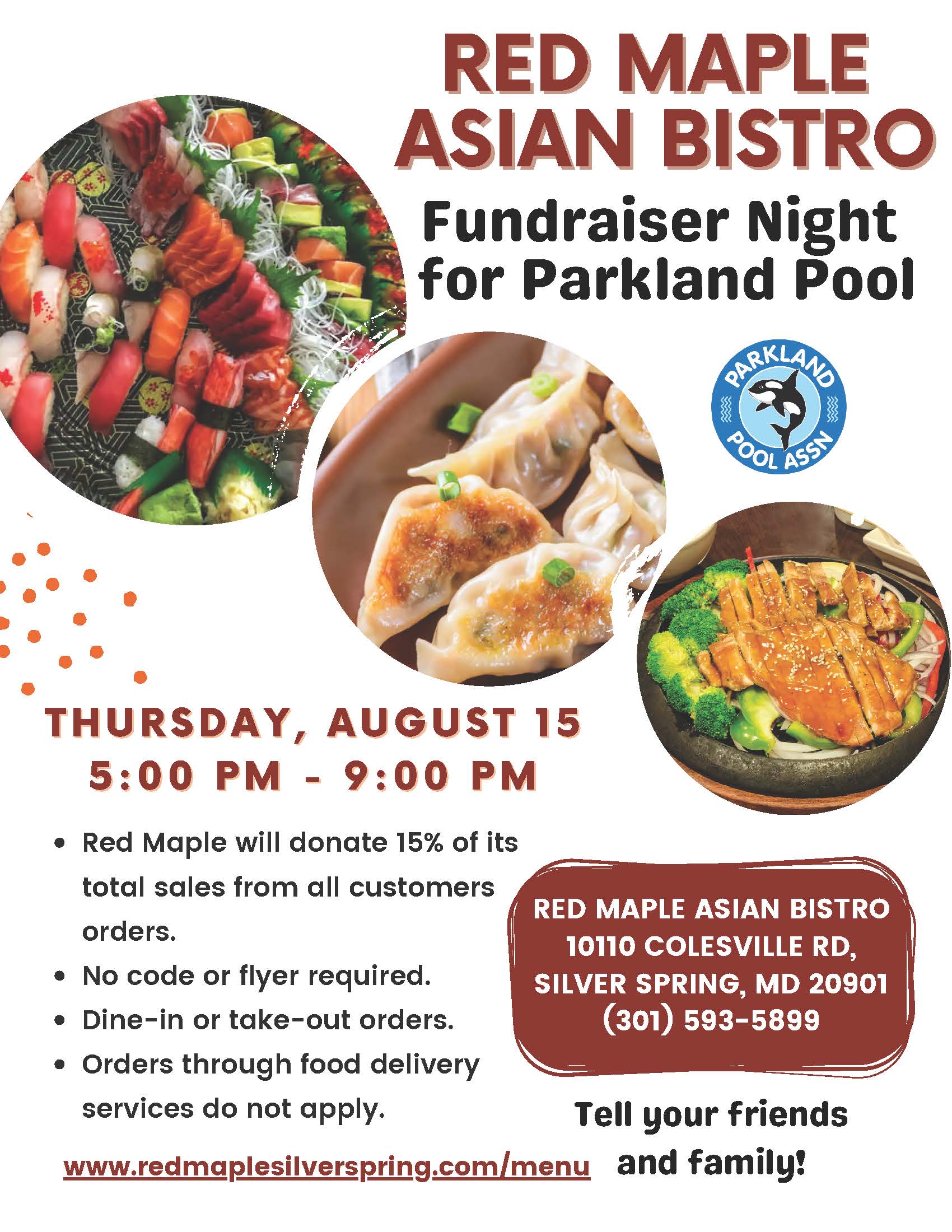 Red Maple Asian Bistro Fundraiser for Parkland Pool