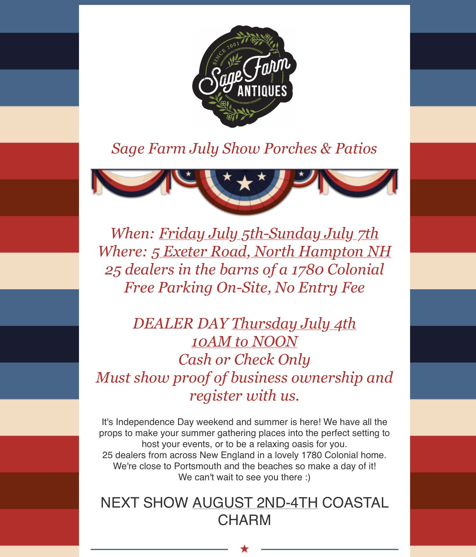 Sage Farm July Porches & Patios Show 7/5~7/7