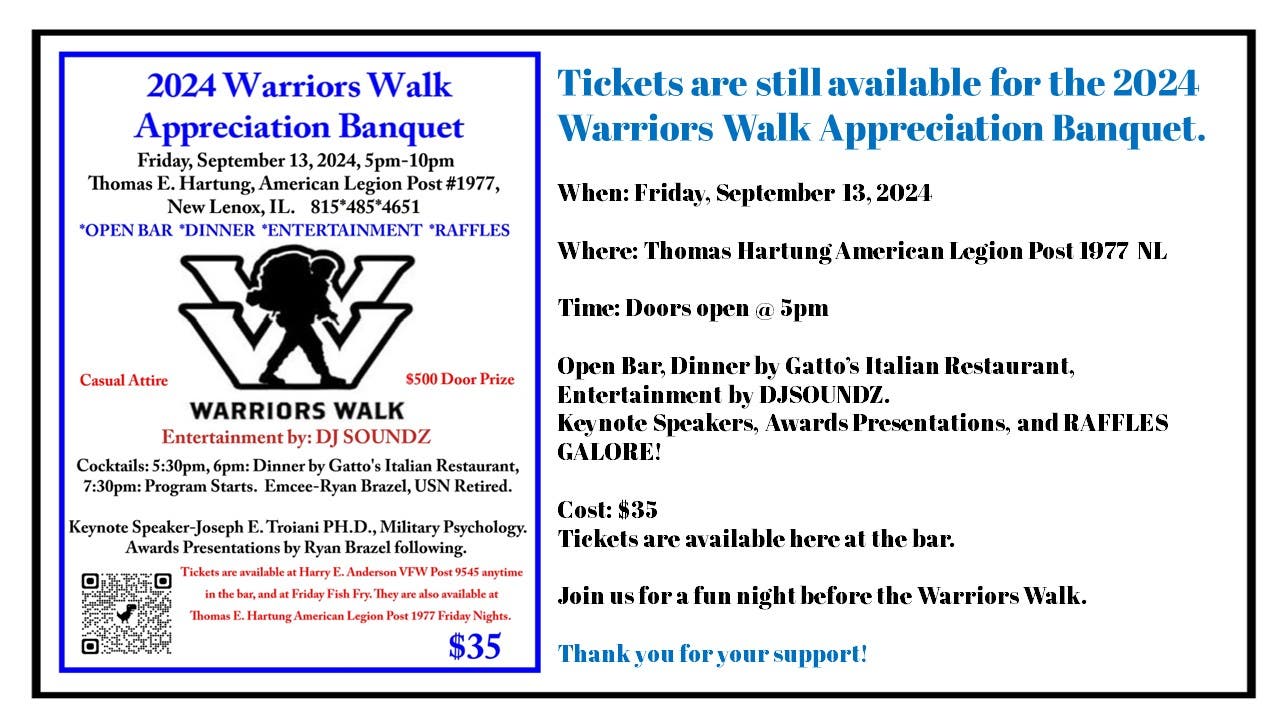 5th Annual Warriors Walk Appreciation Dinner Public Welcome!