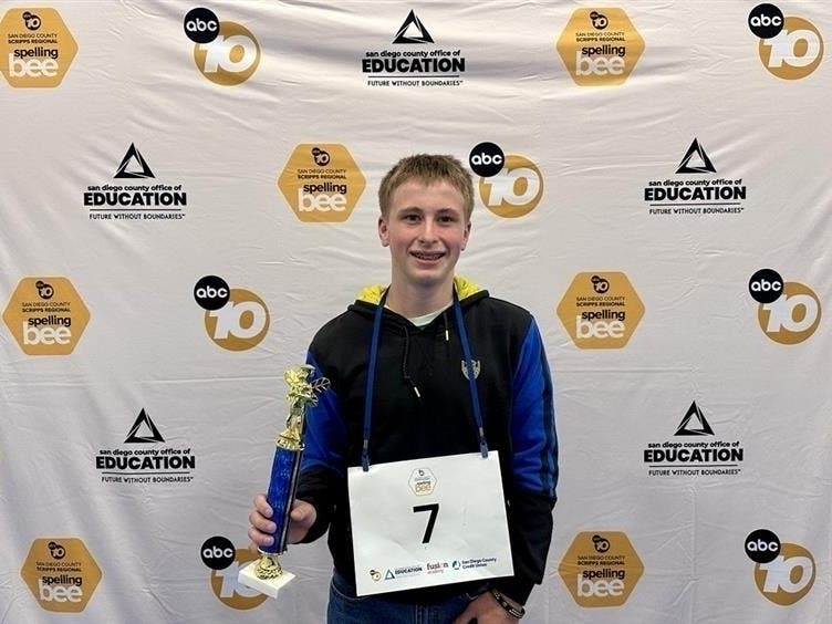 Benjamin Evans, an eighth grader from Twin Peaks Middle School in Poway, pictured after winning the 54th San Diego County Scripps Regional Spelling Bee at the Jackie Robinson YMCA in San Diego. 