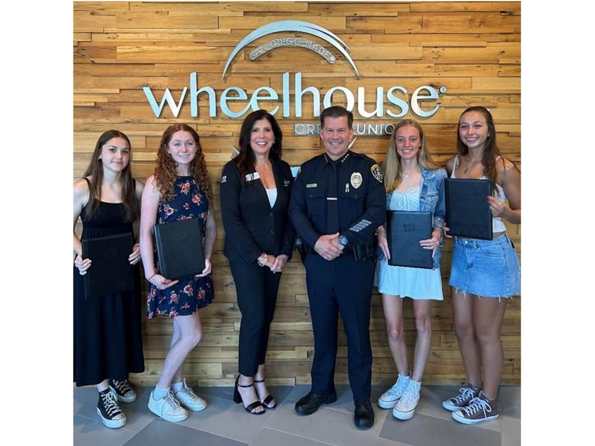 L-R: Scholarship recipients Lacey Oliver and Chaeli Hammes; Wheelhouse CEO and president Lisa Paul-Hill; Wheelhouse supervisory committee member and San Diego Police Chief Scott Wahl; and recipients Samantha Richardson and Natalie Guevara.​