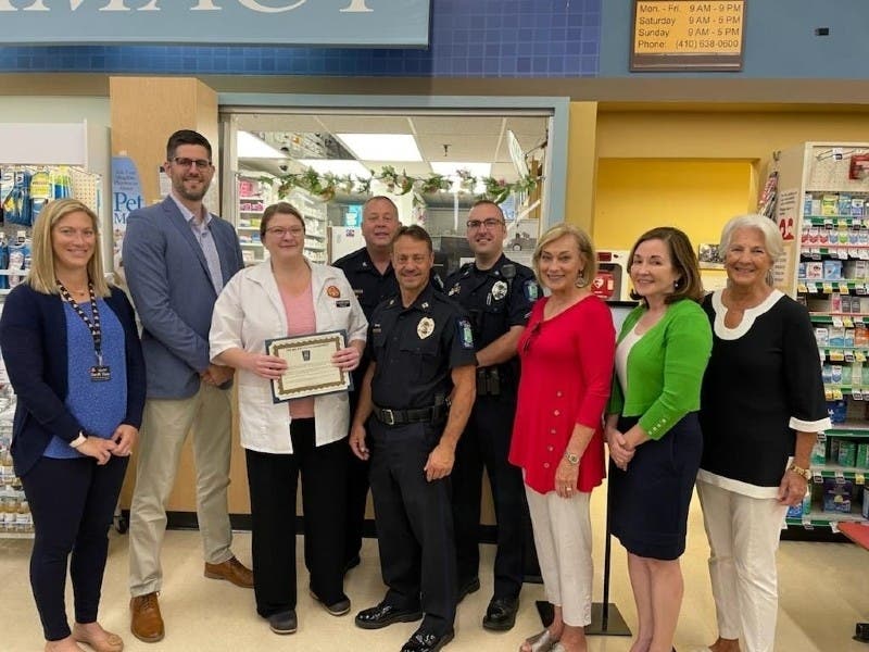 The Klein family, Bel Air Board of Town Commissioners and Bel Air Police Department on Aug. 18 celebrated the actions of a pharmacist who sprang into action upon seeing a customer in distress at Klein's ShopRite on North Main Street in Bel Air.