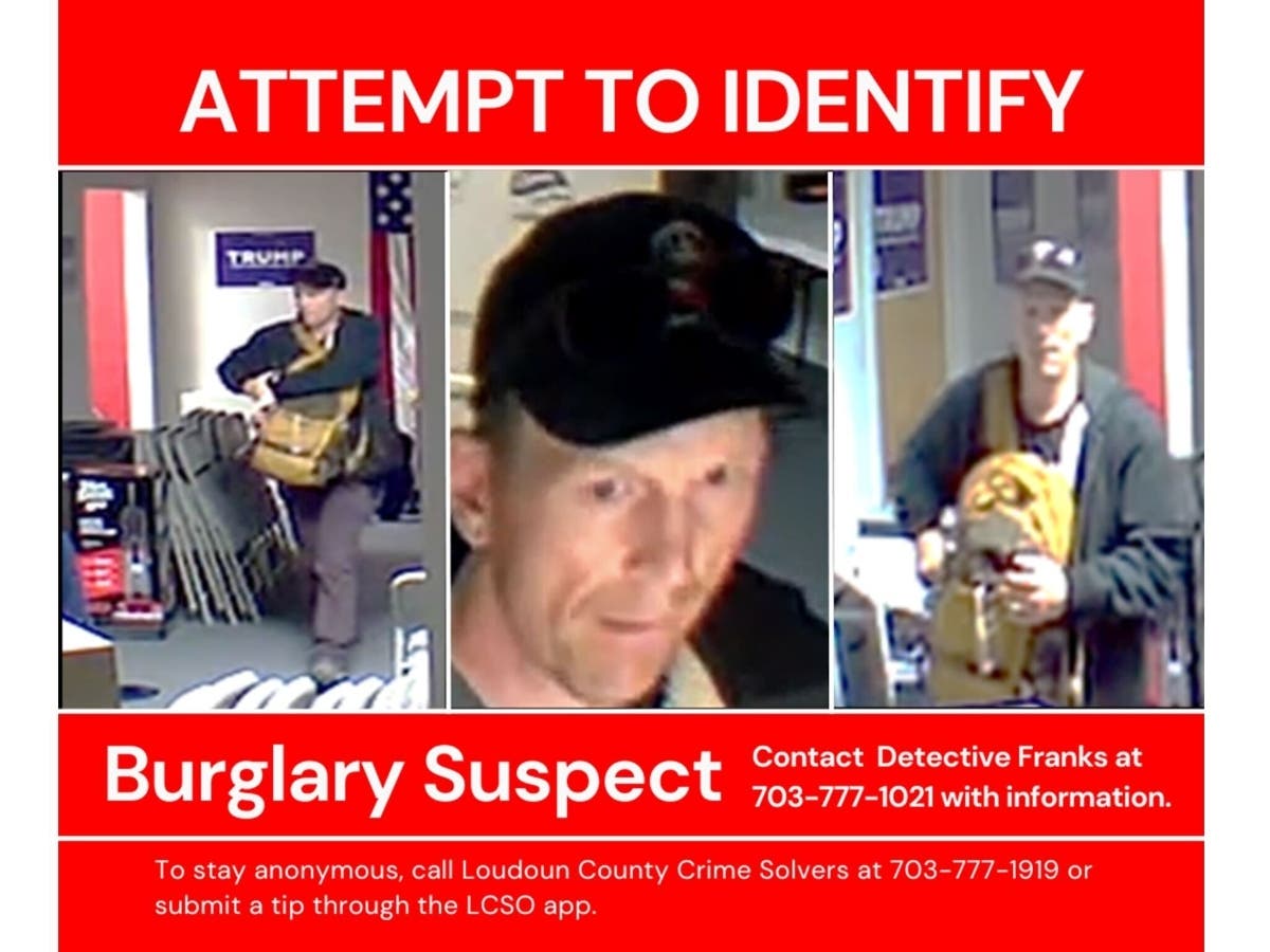 Authorities are seeking a suspect in a Sunday burglary at the Trump for President 2024 campaign office in Ashburn. The Loudoun County Sheriff's Office shared these images of the suspect they need help identifying.